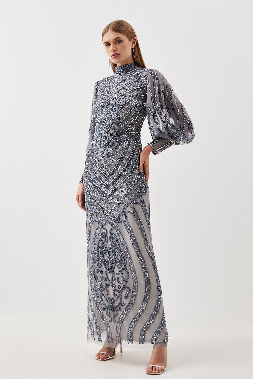 Tall Crystal Embellished Balloon Sleeve Woven Maxi Dress | Karen 